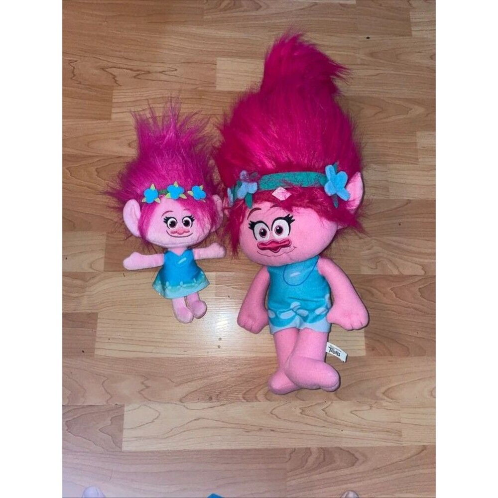 Lot of 2 DreamWorks Trolls Princess Poppy Plush Stuffed Toys Big & Small 24" 12"